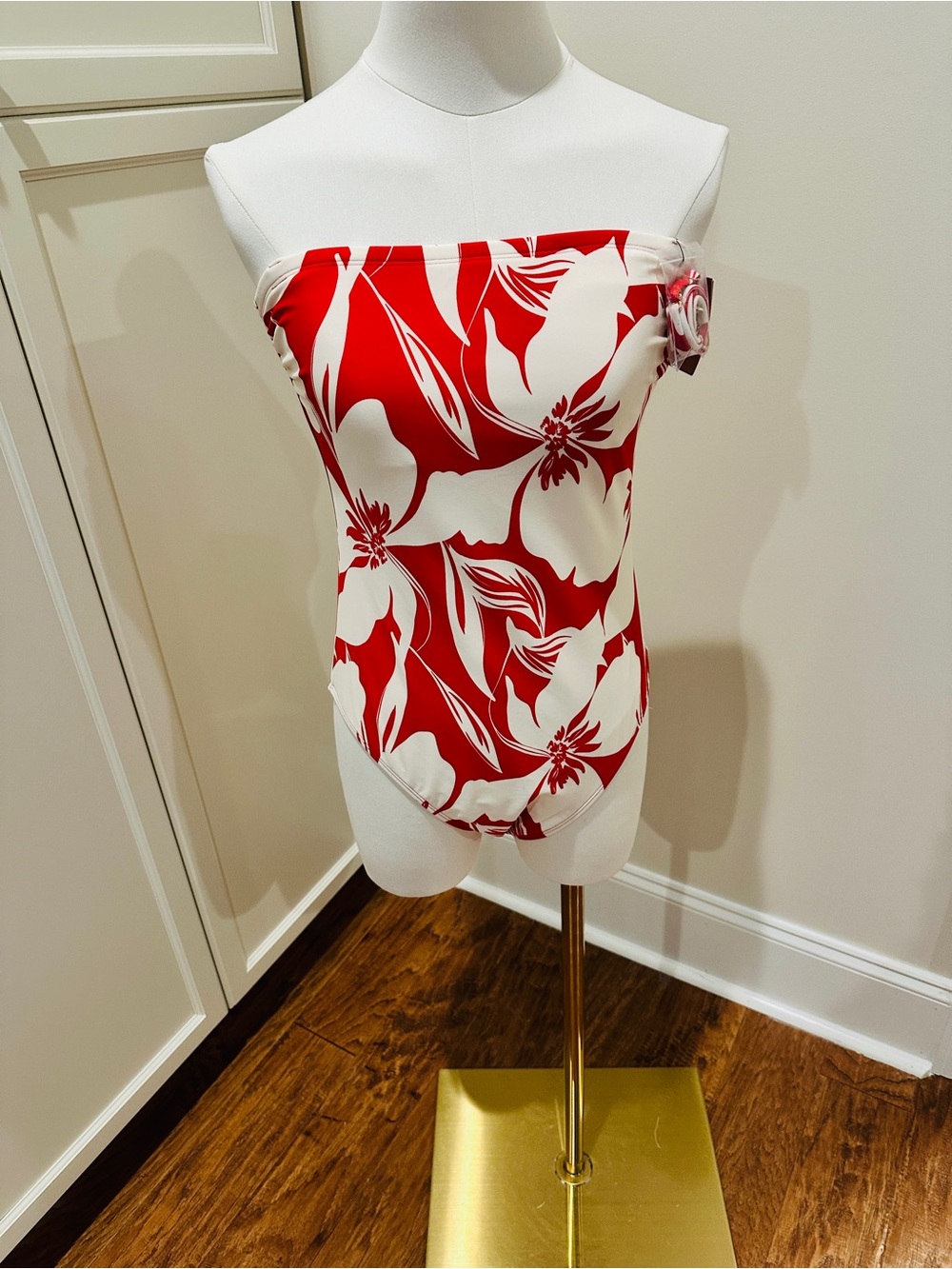 Shade & Shore Red and White Floral Strapless One-Piece Swimsuit